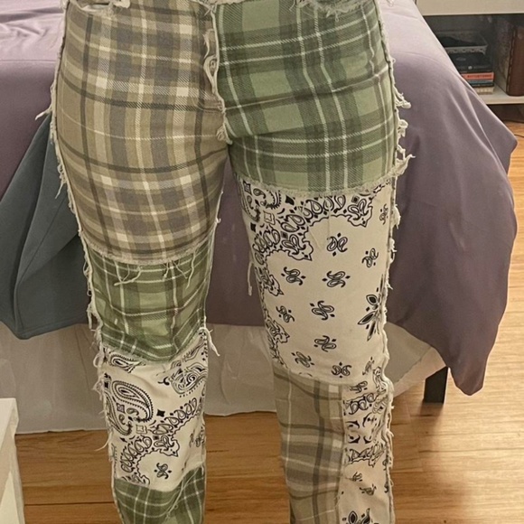 Patchwork Plaid + Bandana Jeans - Distressed Y2K Style 28 - Picture 1 of 2